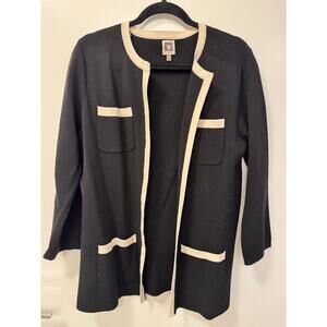 Anne Klein Open Front Black Cream Long Cotton Blend Cardigan Sweater Old Money M